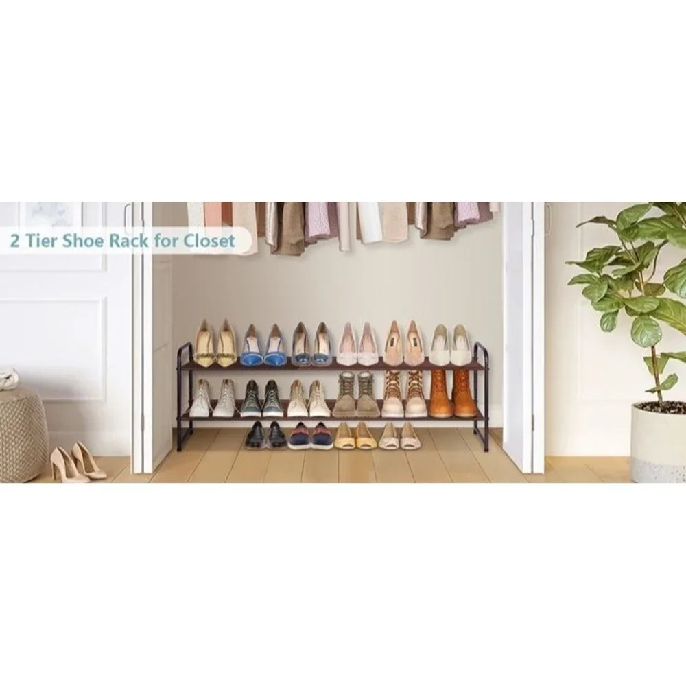 2 Tier Long Shoe Rack for Closet 18 Pairs She Shelf Organizer Bronze